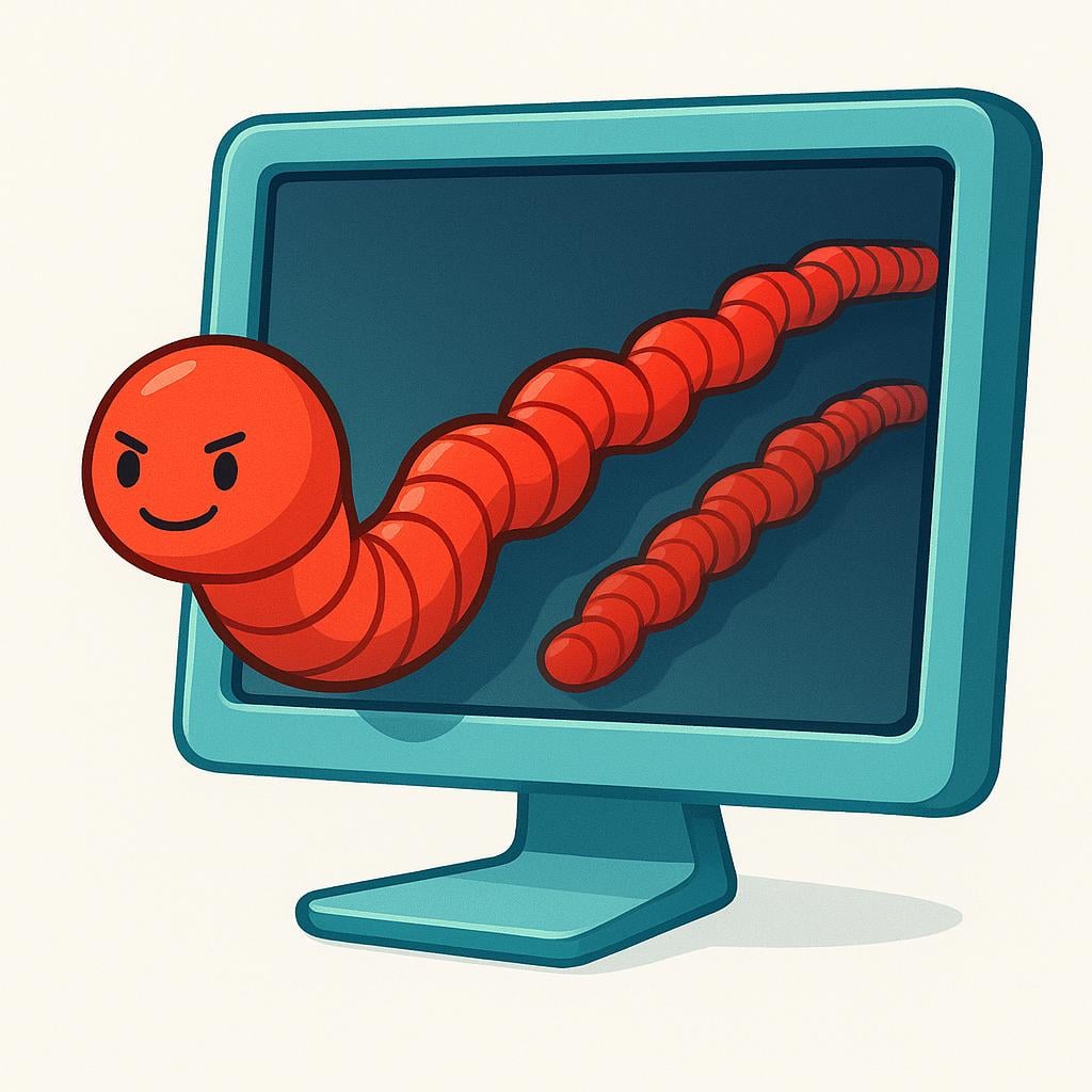 A bright red cartoon worm emerging from a blue computer screen, followed by many smaller, identical red worms trailing behind it, symbolizing replication.