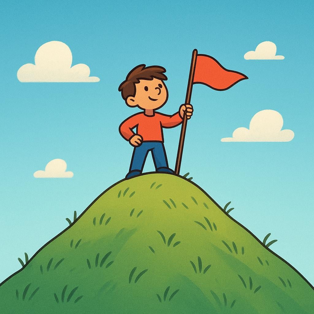 A small figure standing victoriously on the grassy peak of a mountain, having planted a small flag next to them.
