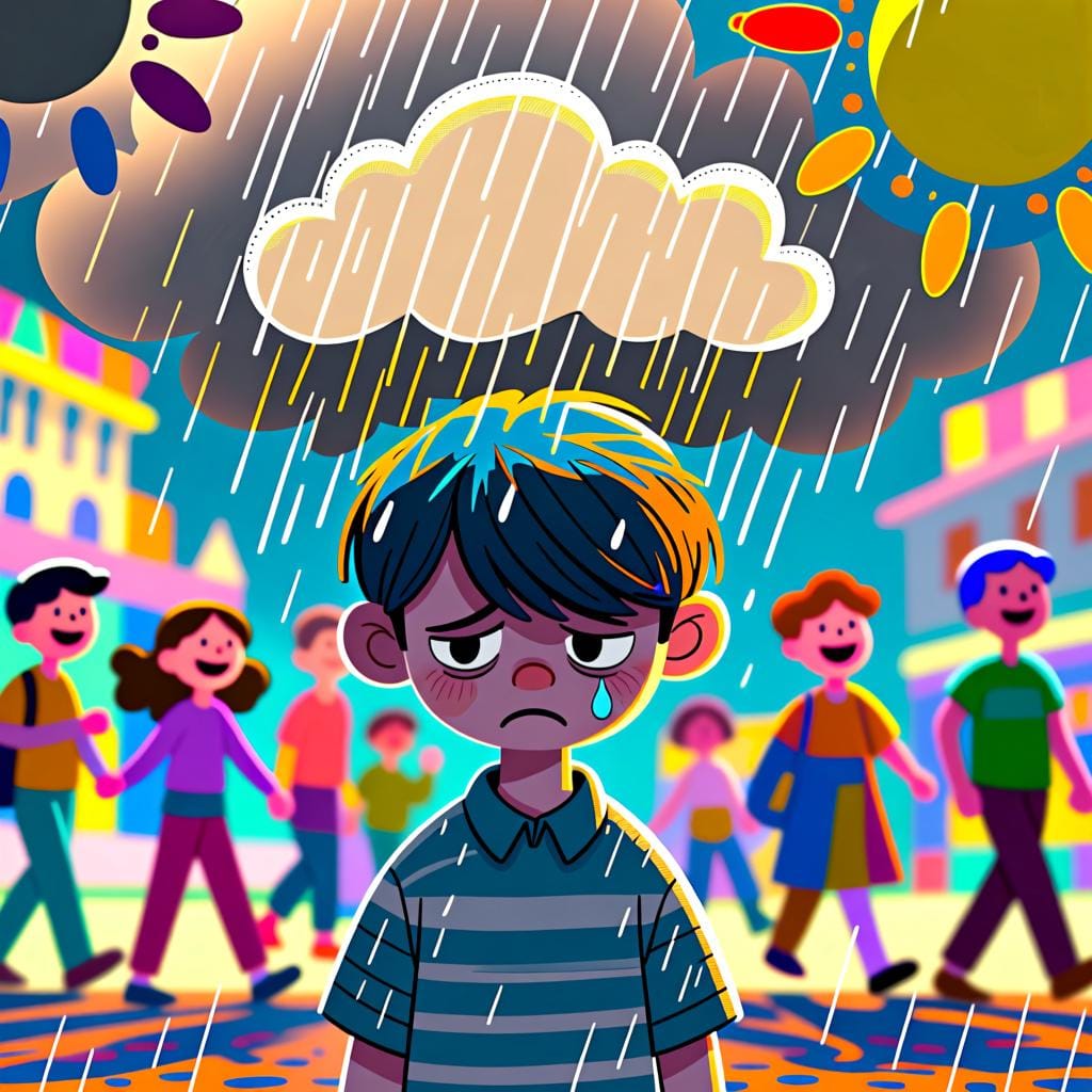 A person standing under a personal, small dark rain cloud while everyone else around is in the bright sunshine, representing a 'bad day'.