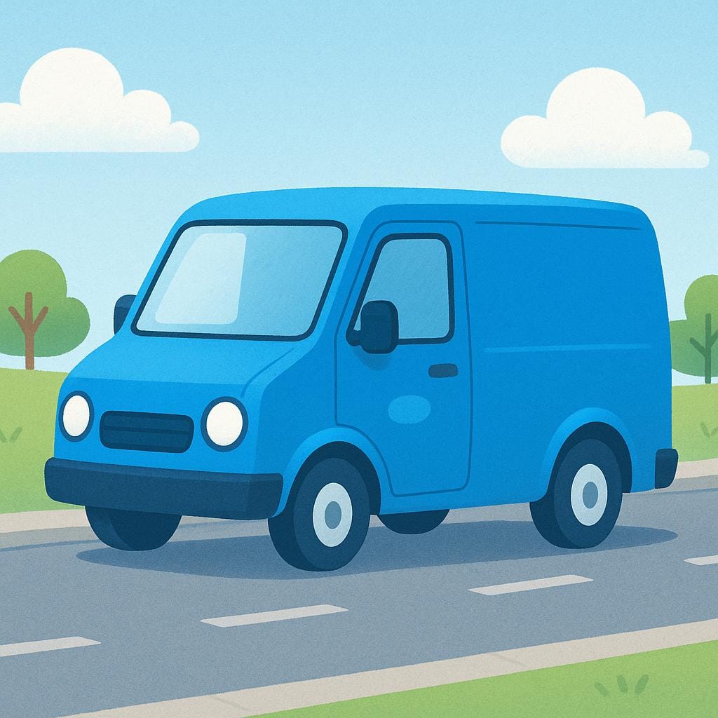 Uma ilustração simplista de uma van comercial azul brilhante, vista de lado.
