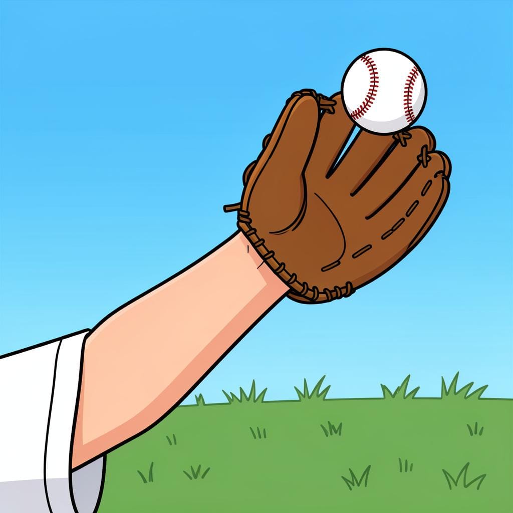 A person wearing a baseball glove catching a high-flying baseball in a grassy field.
