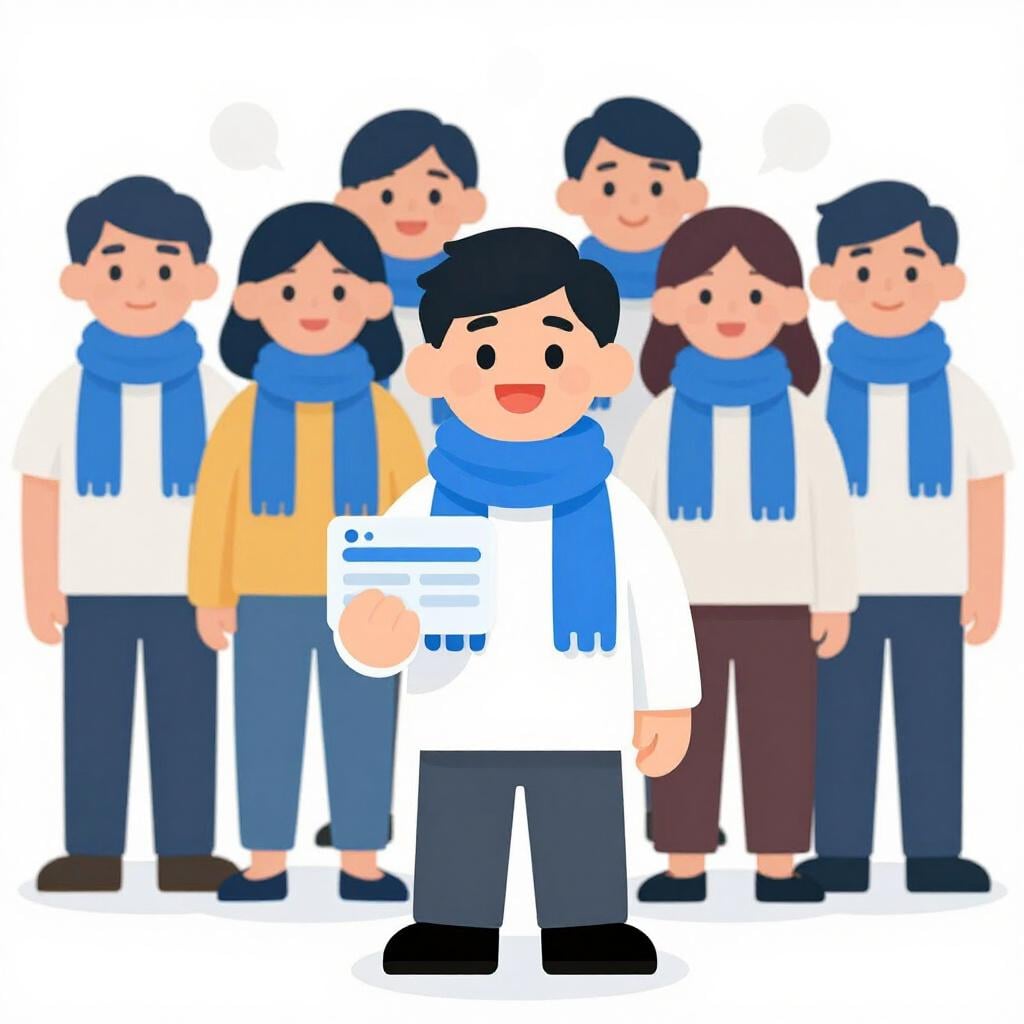 A person holding a colorful ID card with a simple logo, standing with a group of diverse people wearing matching scarves.