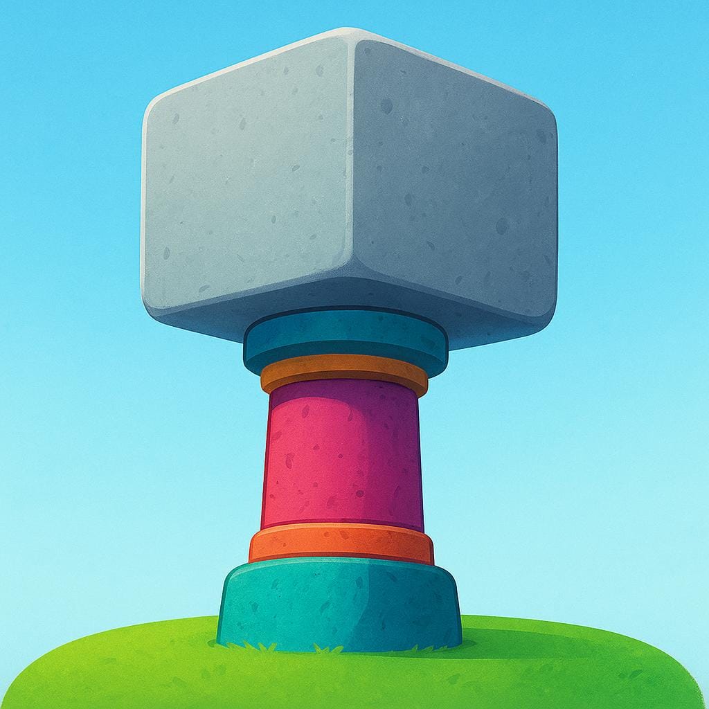 A robust, colorful stone pillar physically holding up a large, heavy, cubic block above it, symbolizing physical support.