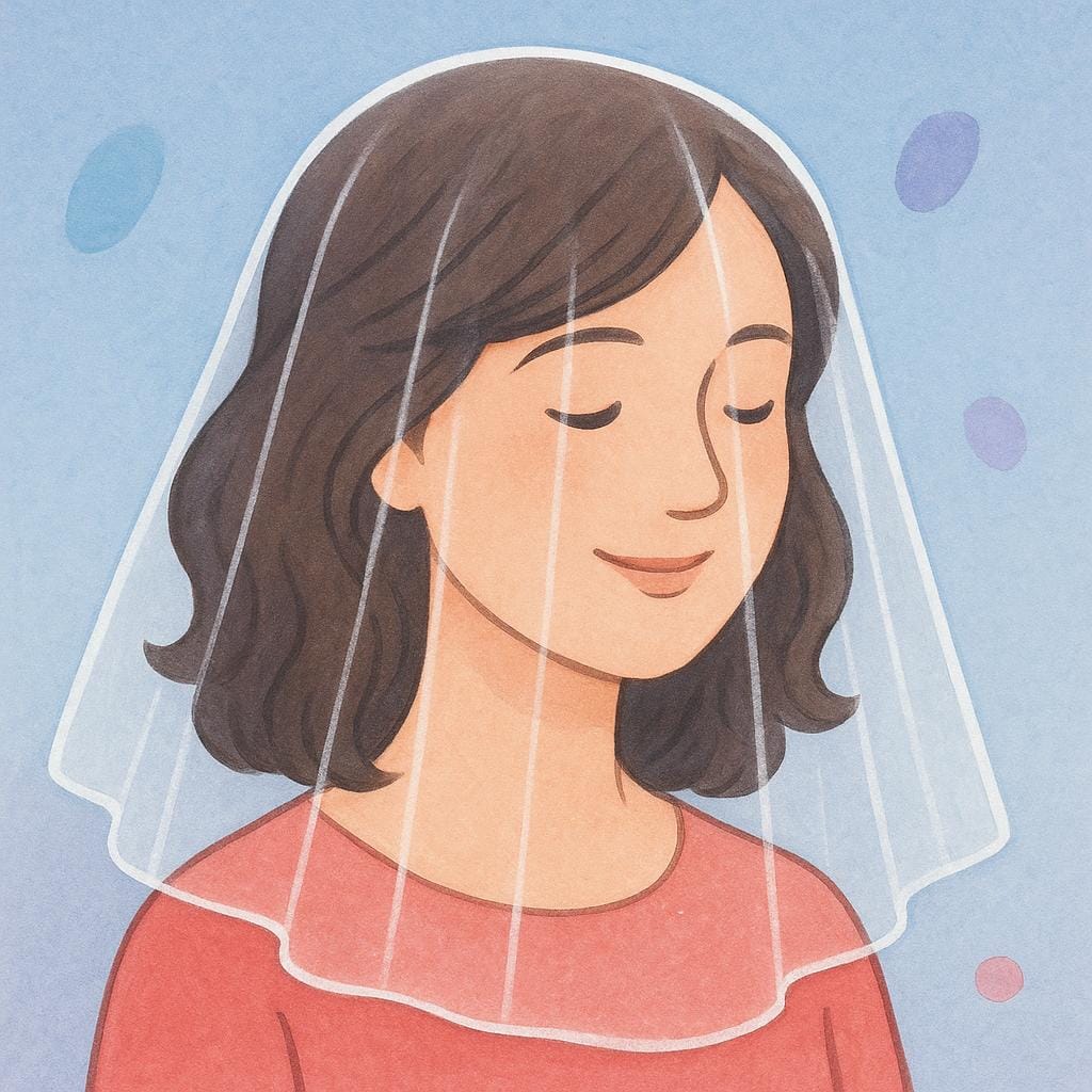 A close-up of a woman's head and shoulders, her face partially obscured by a sheer, white veil.