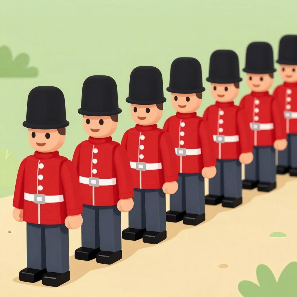 Un groupe de soldats jouets marchant en ligne, montrant le bout de la ligne.