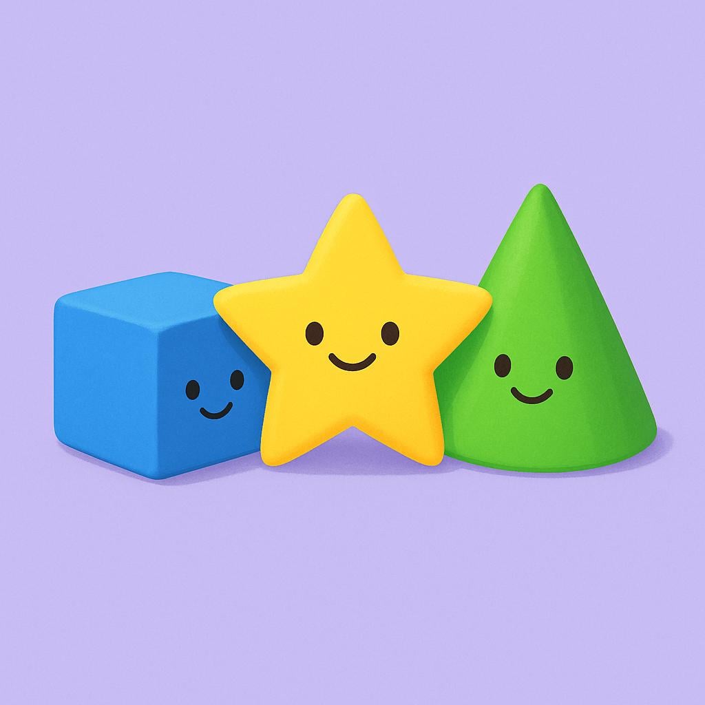 A small group of different colored and shaped blocks: a blue cube, a yellow star, and a green cone.