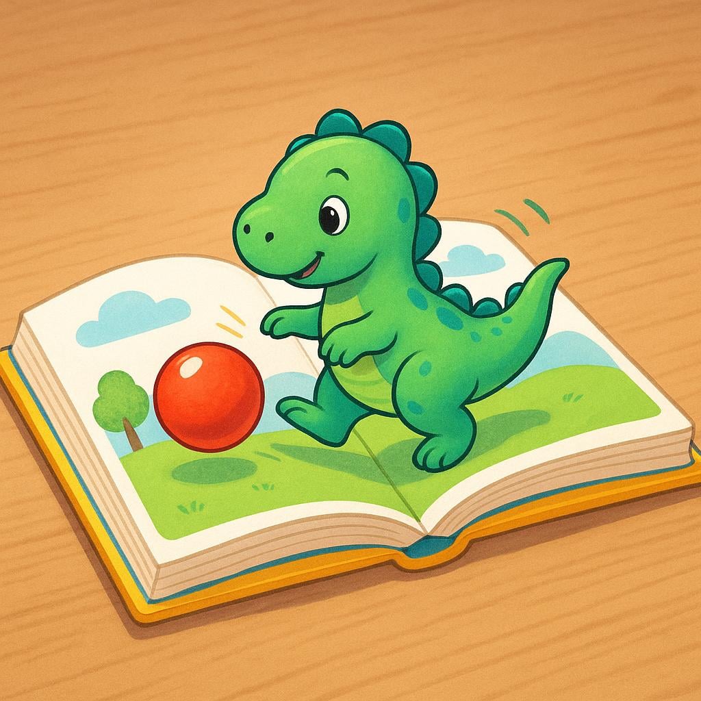 A book open on a table, with a small dinosaur emerging from the pages, symbolizing the book's subject matter.