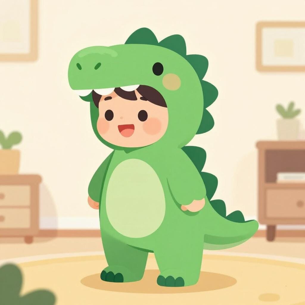 Ein Kind trägt ein verspieltes Dinosaurierkostüm mit langem Schwanz und grünen Schuppen.