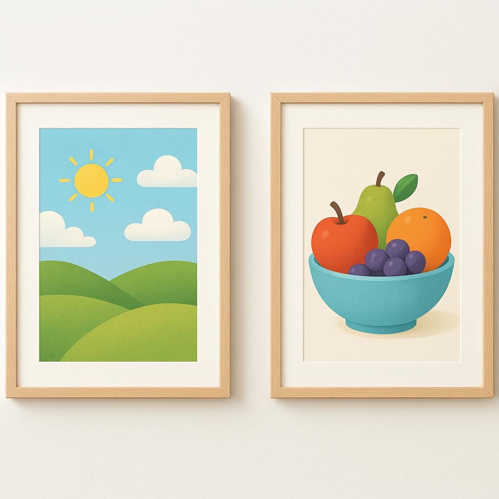 Two framed finished artworks hanging side-by-side on a wall. One is a landscape, and the other is a still life.