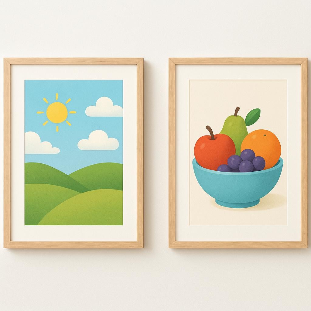 Two framed finished artworks hanging side-by-side on a wall. One is a landscape, and the other is a still life.