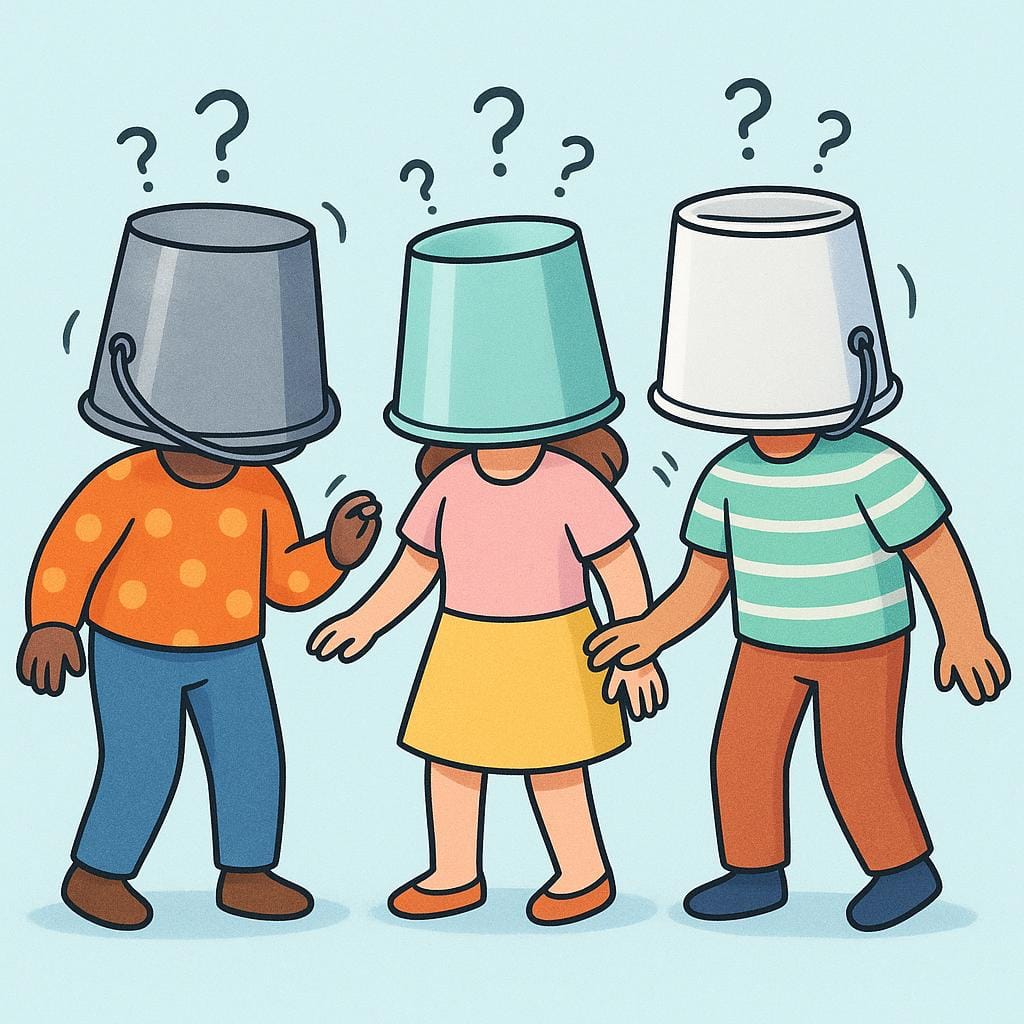 A storybook illustration showing three cartoonish characters standing close together, each wearing a large metal bucket over their head, illustrating confused foolishness.