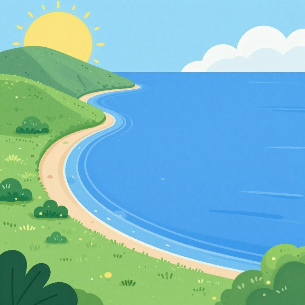 A vast blue body of water surrounded on three sides by green land.