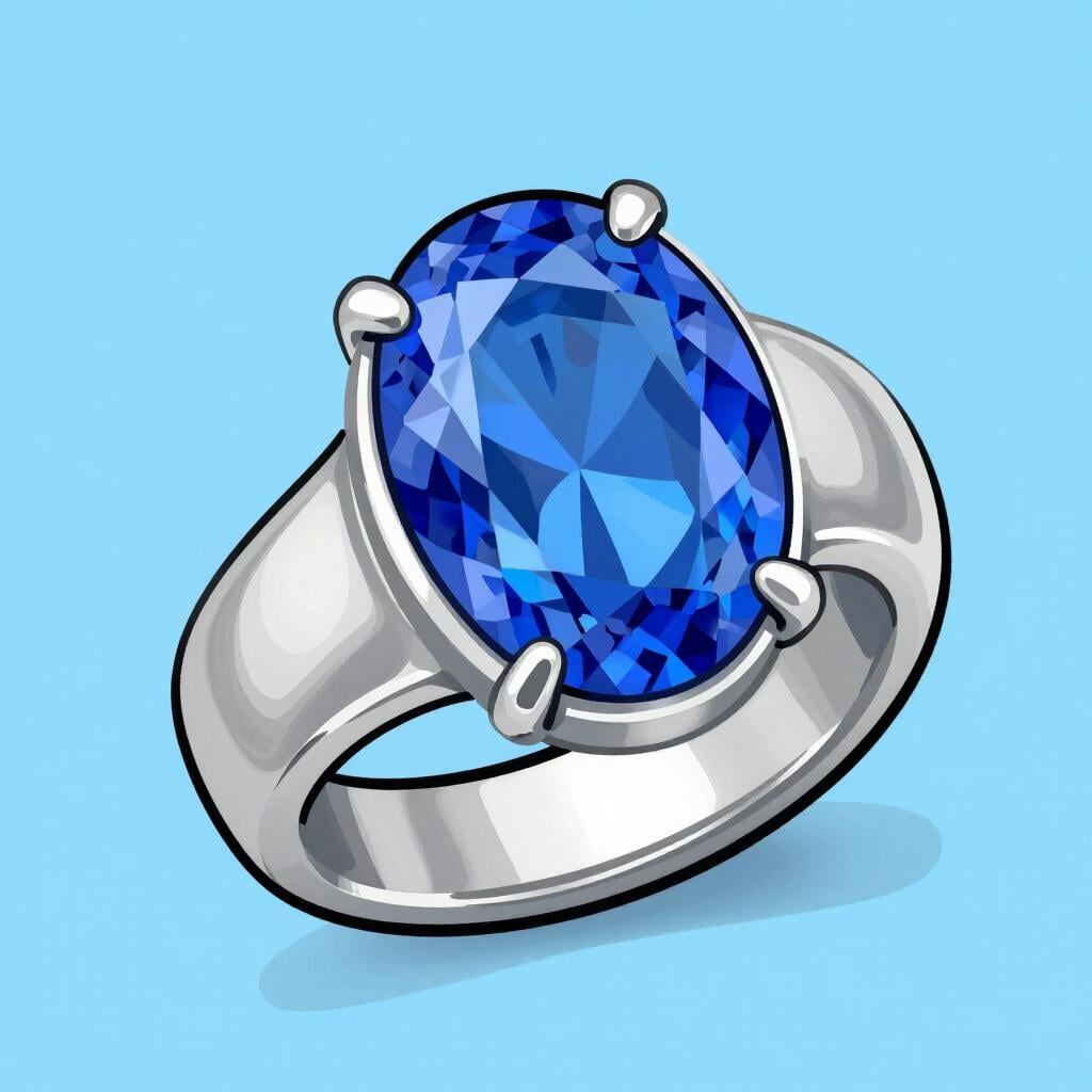 A glowing blue gemstone fixed deeply into the center of a silver ring.