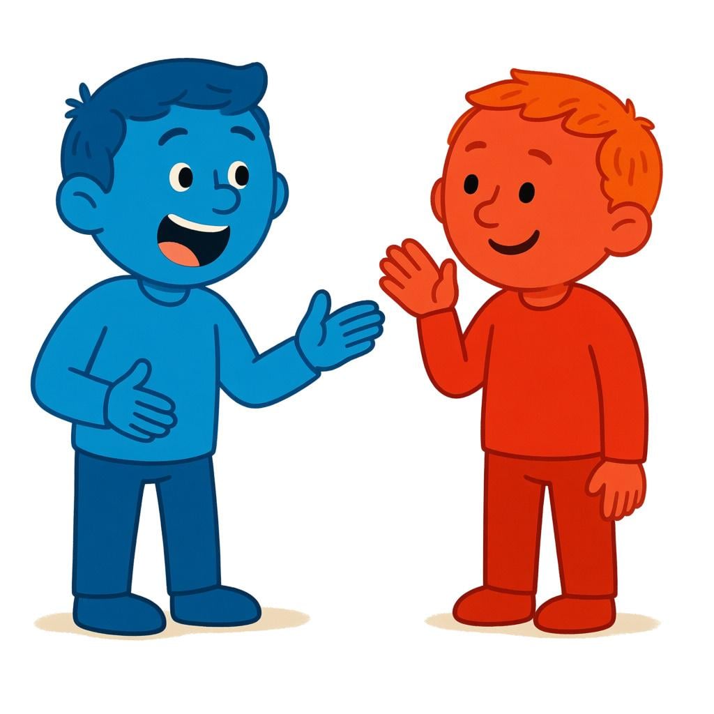 A blue cartoon character speaking clearly and directly to a red cartoon character who is listening intently.