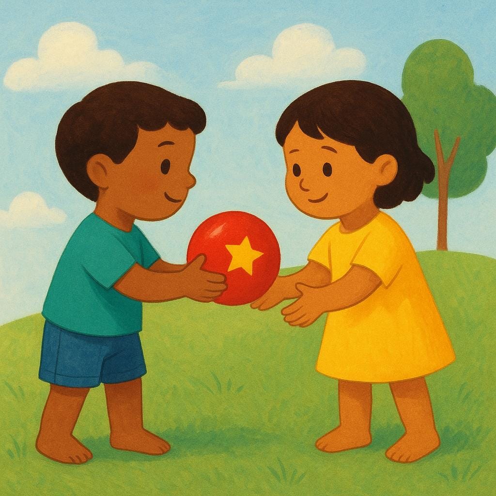 A small child holding a bright red ball extends it toward another child, clearly indicating that the ball belongs to the second child.