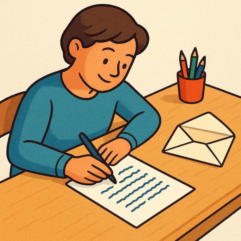 Uma pessoa sentada a uma escrivaninha de madeira, segurando uma caneta e escrevendo ativamente uma resposta em um pedaço de papel ao lado de um envelope aberto.