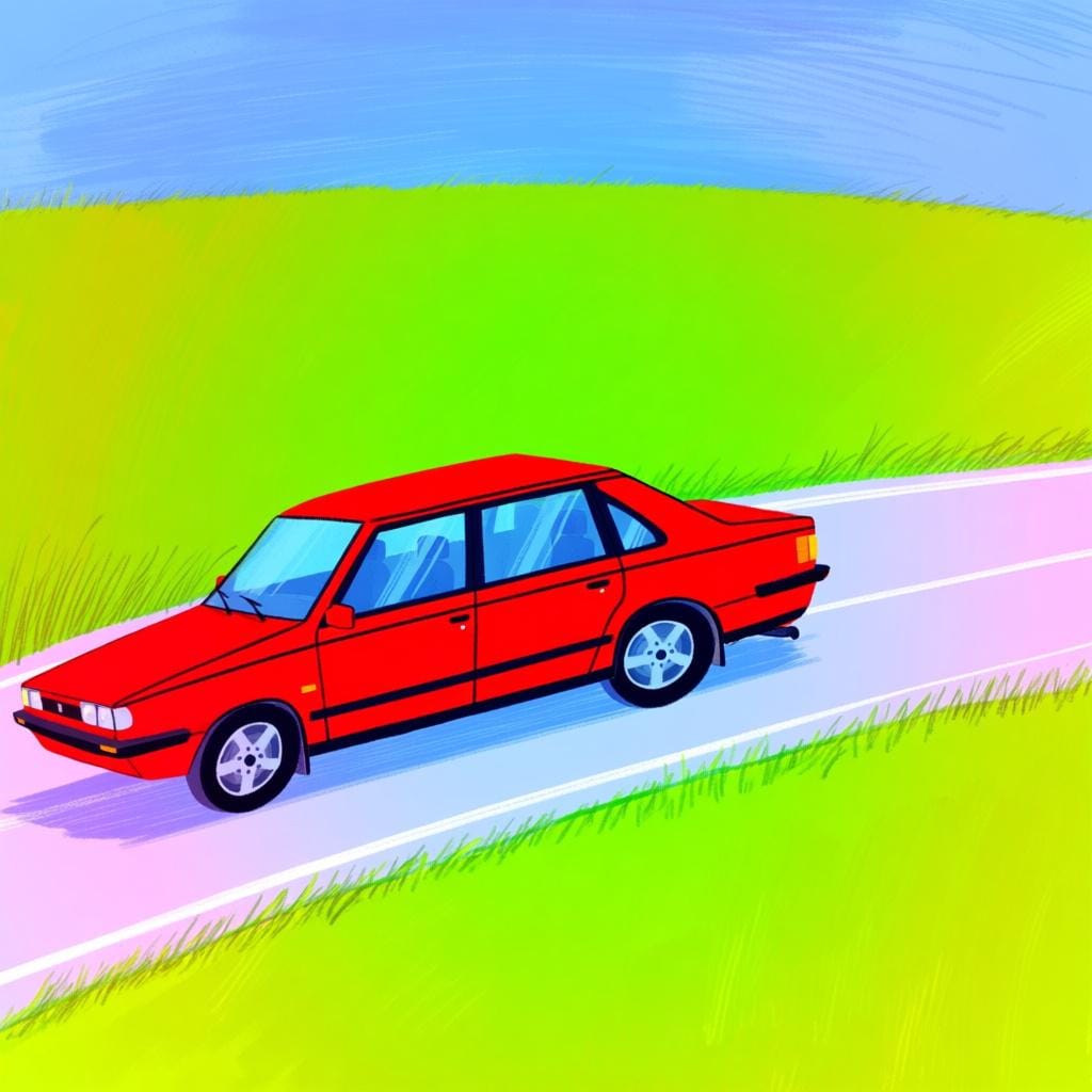 A shiny red four-door car driving quickly on a winding road through green hills under a bright blue sky.