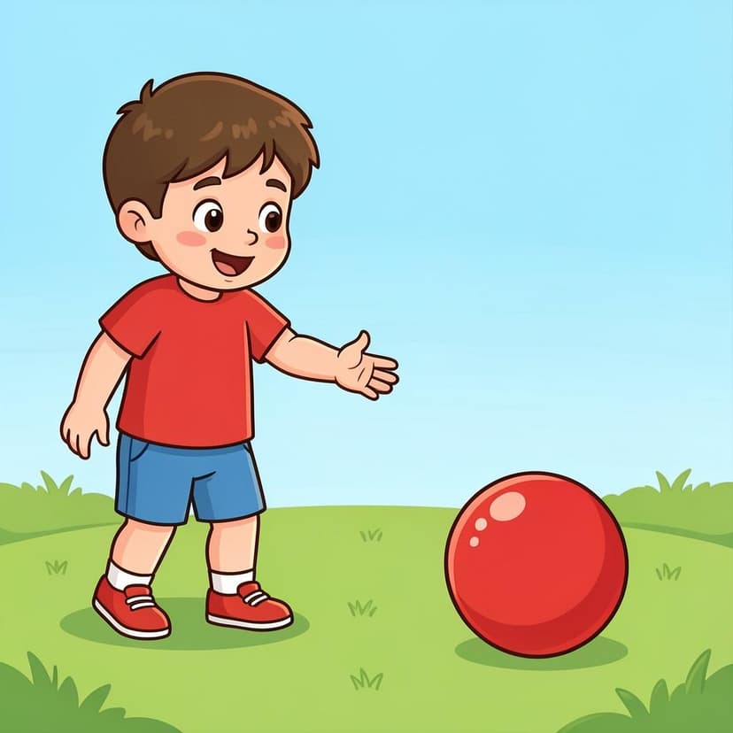 Ein Kind steht auf einem Weg und hält mit ausgestreckter Hand einen rollenden roten Ball an, um ihm zu signalisieren, anzuhalten.