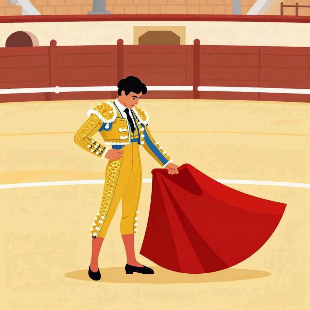 A bullfighter in a traditional ornate costume standing with a red cape.