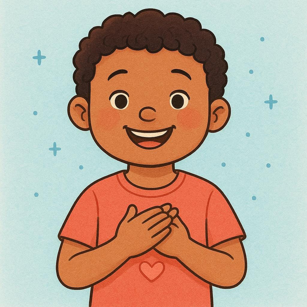 A young, smiling child with closed eyes holding their hands over their chest, radiating warmth, symbolizing feeling an emotion.