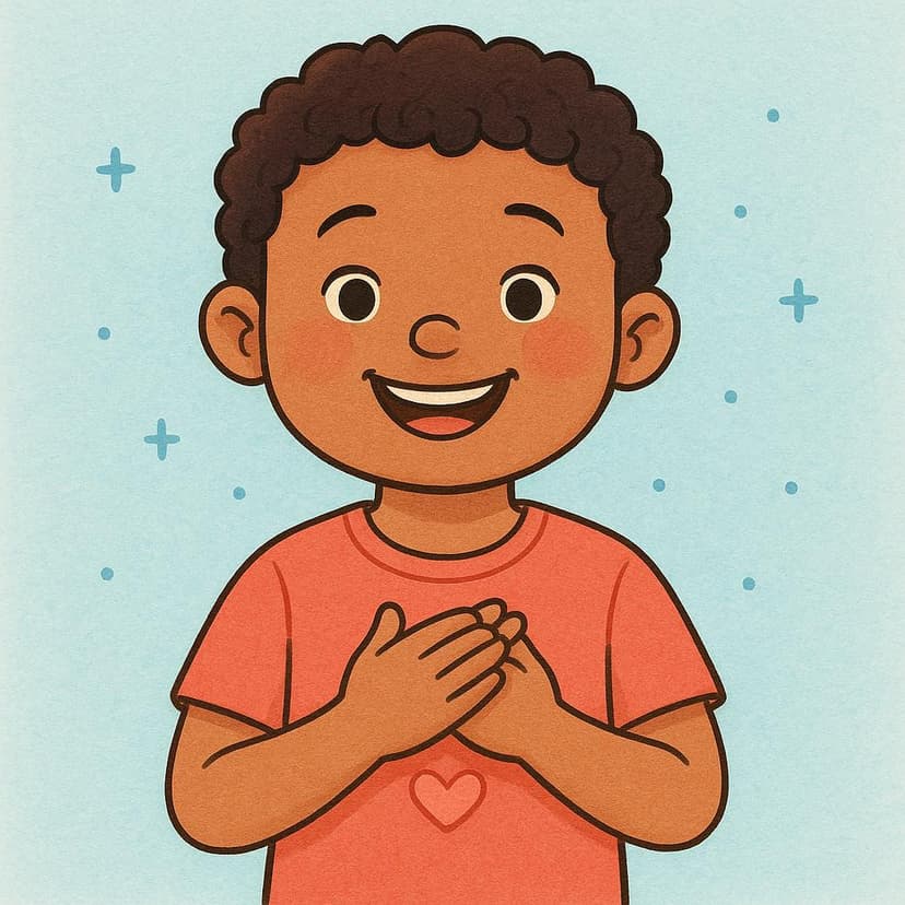 A young, smiling child with closed eyes holding their hands over their chest, radiating warmth, symbolizing feeling an emotion.