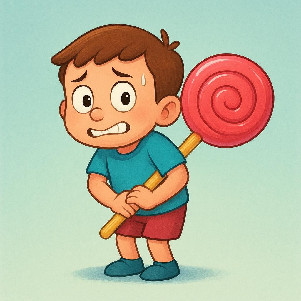A cartoon character standing awkwardly, attempting to hide a large, ridiculously fake object behind their back, symbolizing a lie.