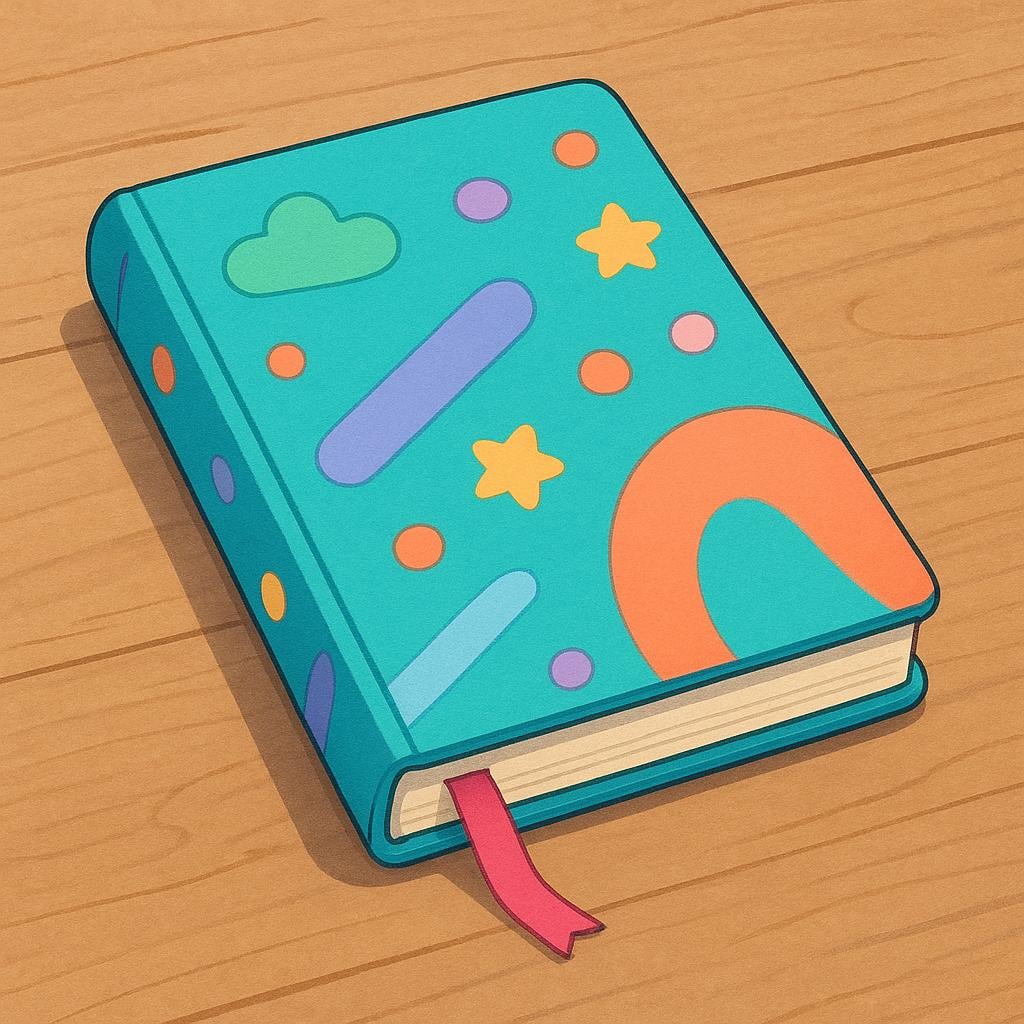 A closed, colorful physical planner book lying on a wooden table, suggesting a place to record appointments.