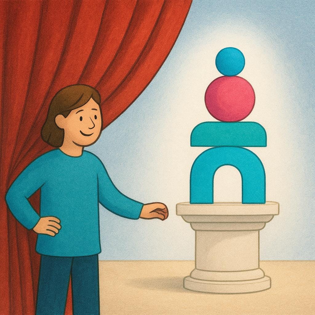 A person is pulling back a large red curtain to proudly reveal a colorful, simple sculpture on a pedestal.