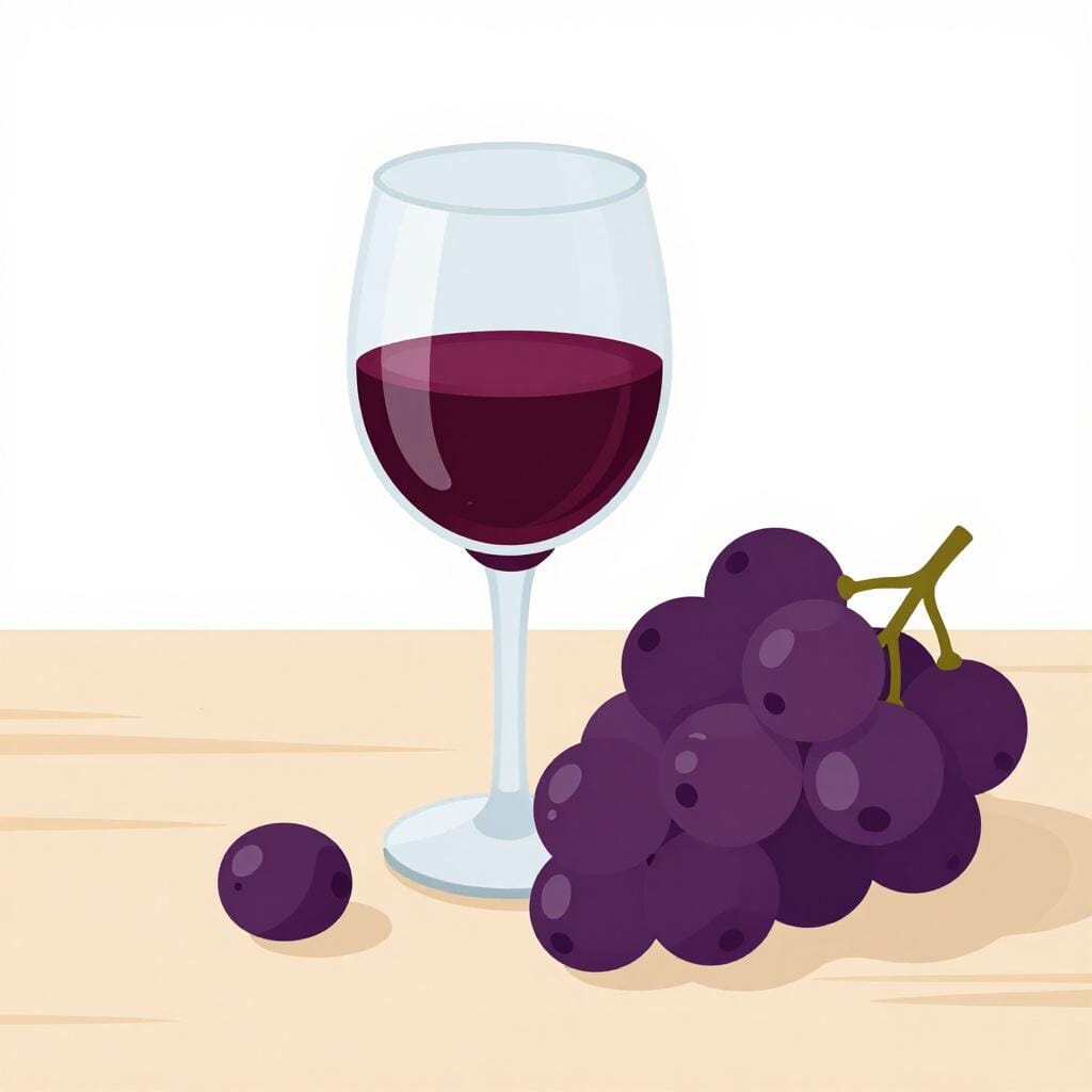 Een glas dieprode wijn naast een tros paarse druiven.