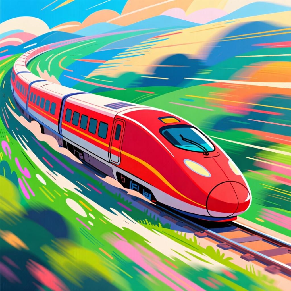 A bright red bullet train speeding across a green landscape.