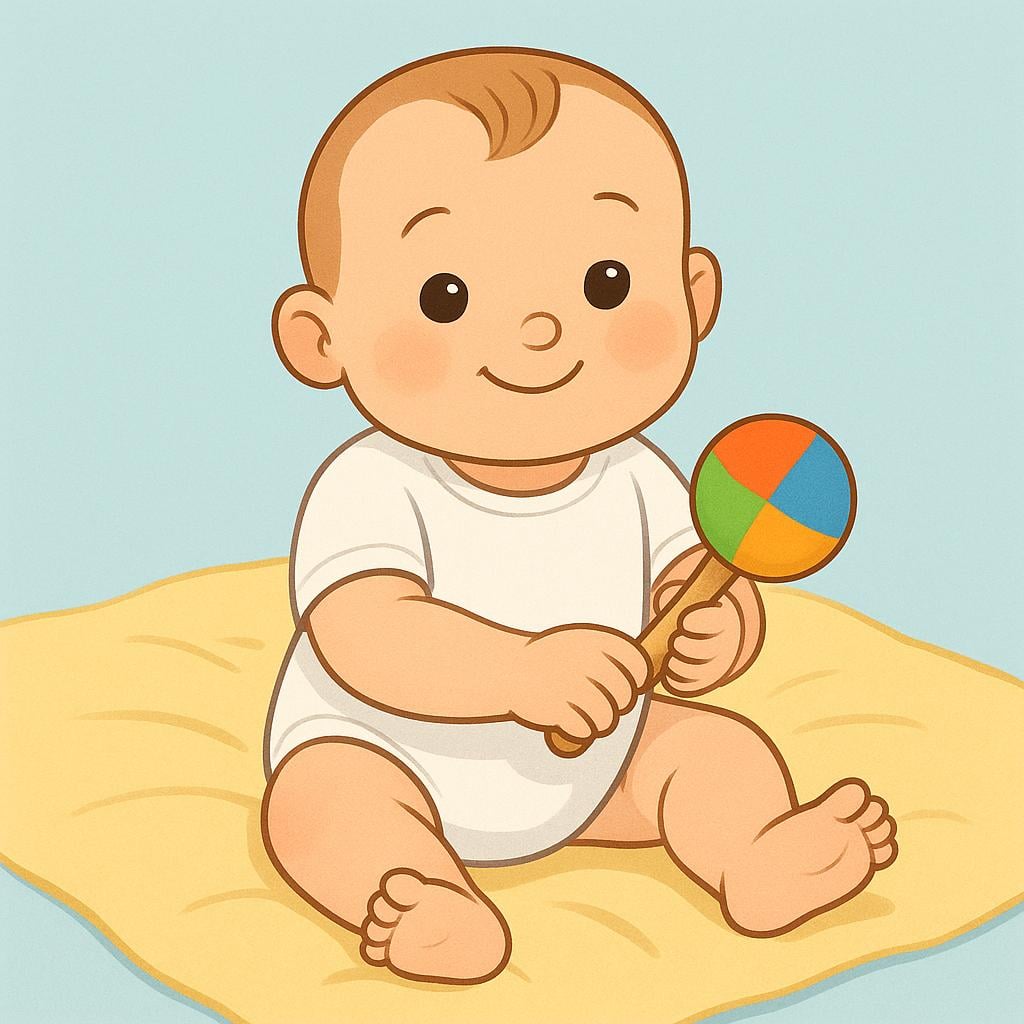 A smiling baby sitting up on a soft yellow blanket, holding a colorful plastic rattle.