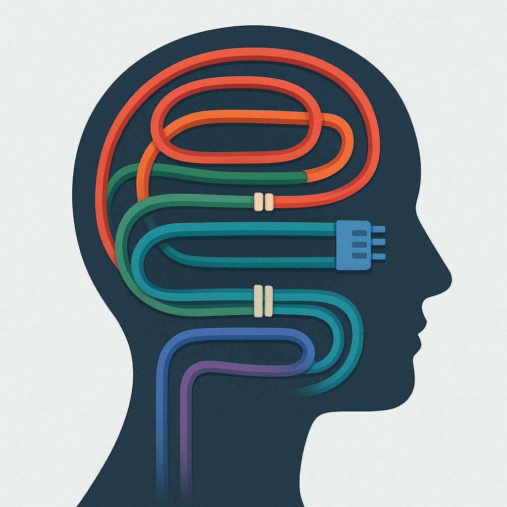 A simple, side profile silhouette of a human head. Inside the head, bright, colorful, and neatly organized electrical wires are visible, illustrating mental clarity.