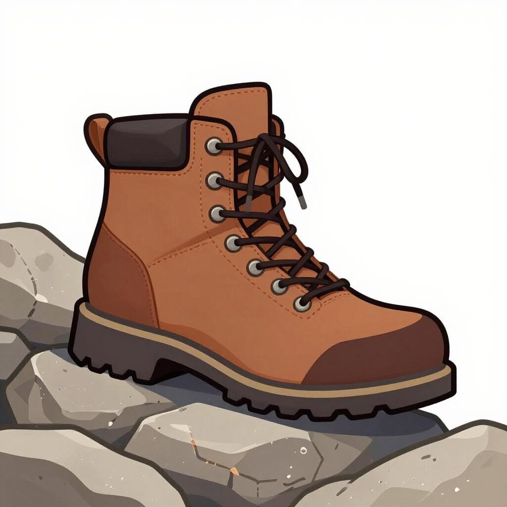 Une botte en cuir épaisse et robuste posée sur des rochers coupants sans aucun dommage.