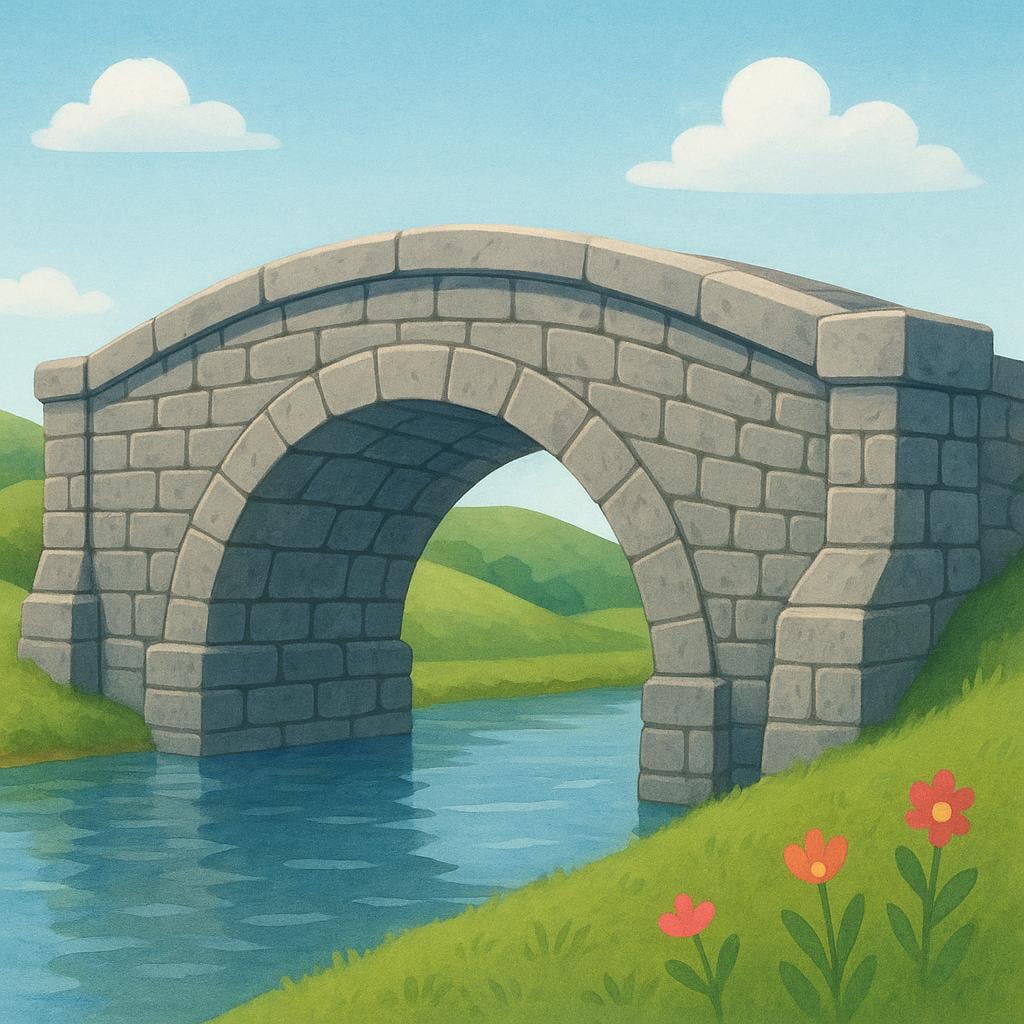 A strong stone bridge arching over a small stream.