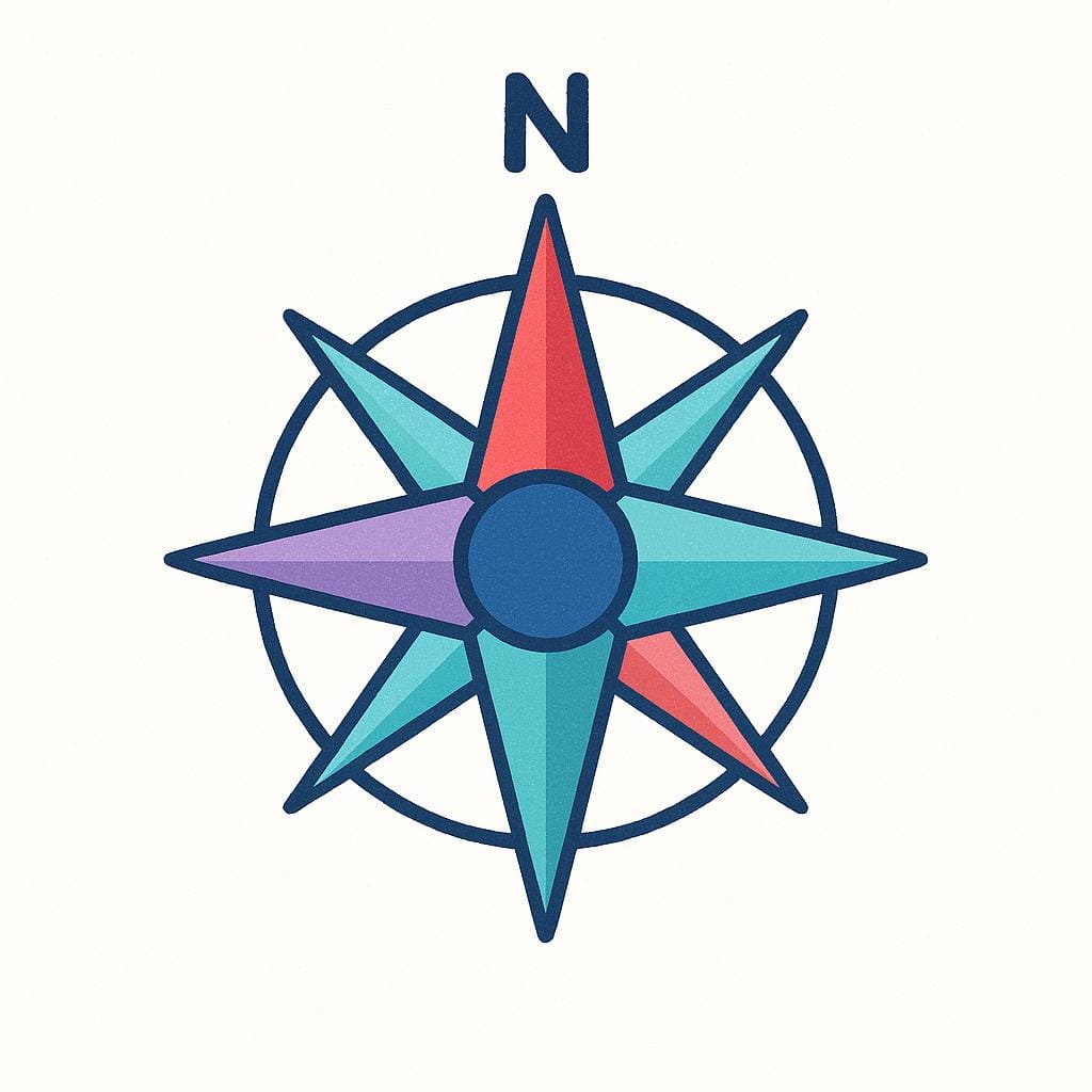 A simplified, colorful illustration of a compass rose with a large, stylized needle pointing straight upwards, indicating the north direction.