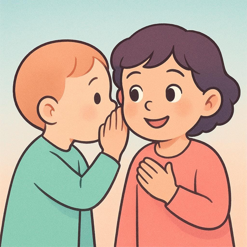 小さなフレンドリーなキャラクターが身を乗り出し、もう一人のキャラクターの耳に秘密をささやいており、「私に言う」という概念を視覚的に表しています。