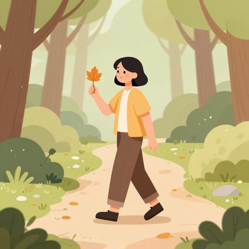 Uma ilustração de uma pessoa a caminhar lentamente por uma floresta, a olhar para uma folha com uma expressão focada e reflexiva.