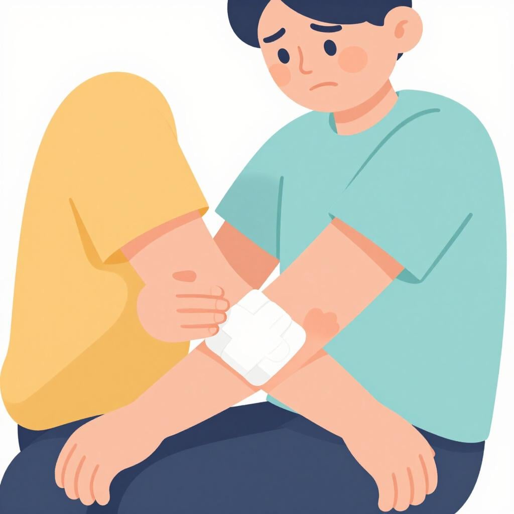 A person gently holding their bandaged elbow with a wincing expression of slight pain.