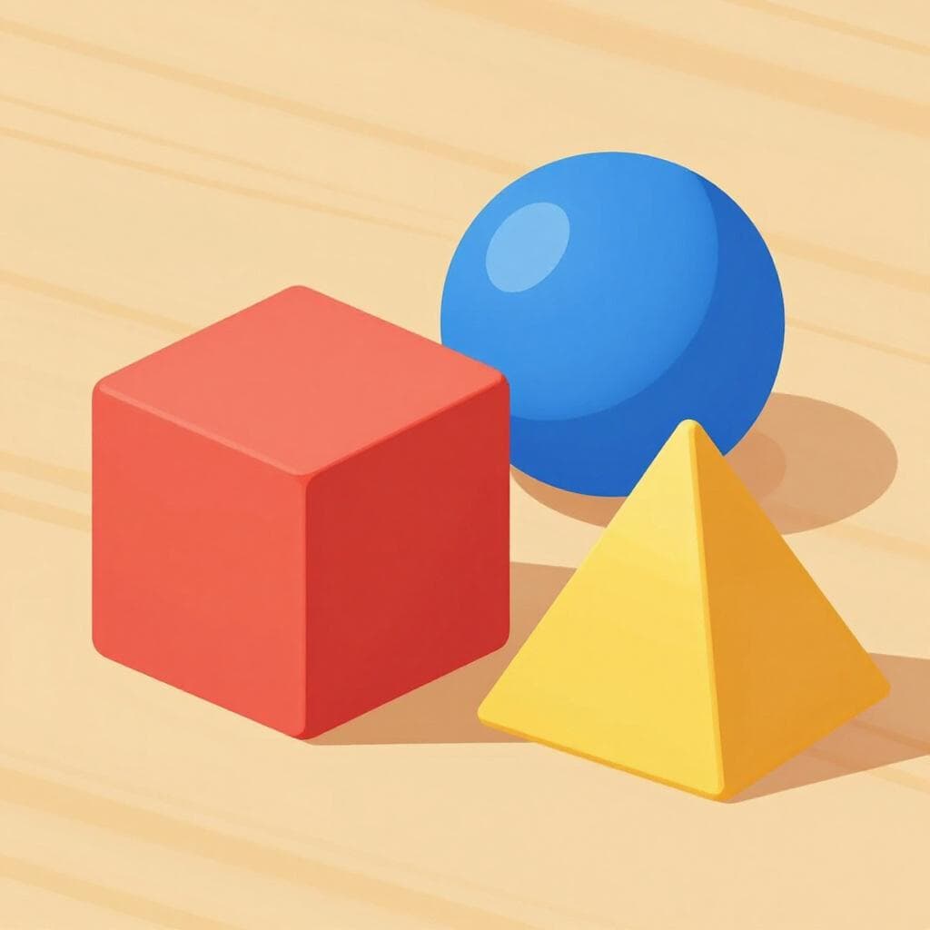 Ein bunter Satz hölzerner geometrischer Formen wie ein Würfel, eine Kugel und eine Pyramide, die auf einem Tisch stehen.