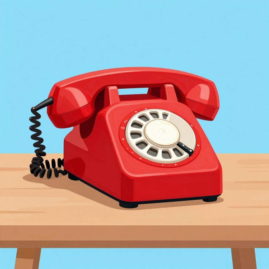 Um telefone rotativo clássico de cor vermelha brilhante pousado numa mesa simples de madeira.