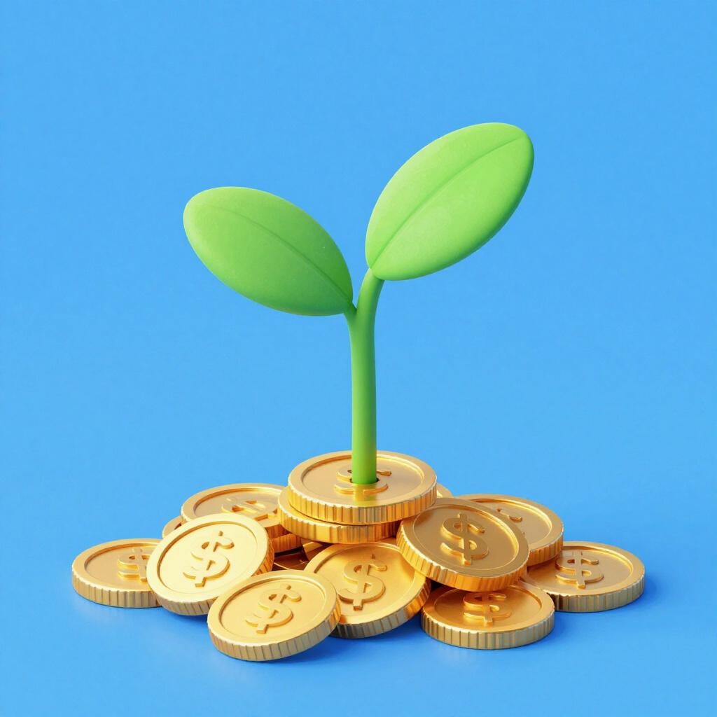 A small green plant growing out of a pile of gold coins, getting taller.