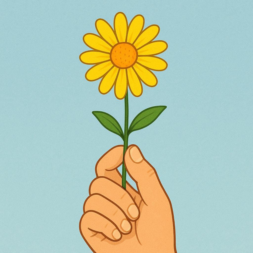 A close-up of a person's hand holding up a single, bright yellow flower for display against a soft, colorful background.