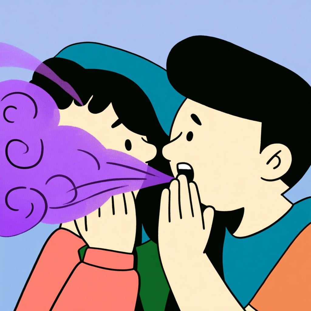 Two stylized cartoon characters leaning close together, intensely whispering a secret, with a purple, swirling cloud of 'rumor' visually drifting between them.