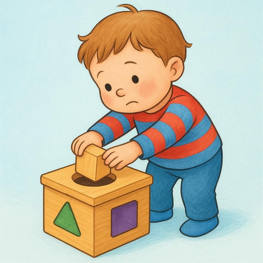 A storybook illustration showing a child trying to fit a square wooden block into a round hole on a toy sorting box, illustrating a wrong choice.
