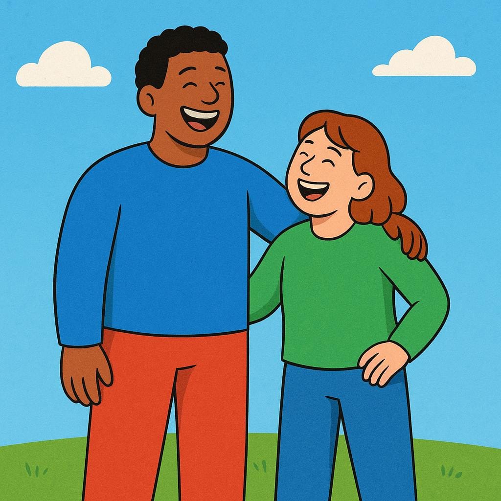 A colorful storybook illustration showing two diverse people standing side-by-side, laughing warmly together, symbolizing a good relationship.