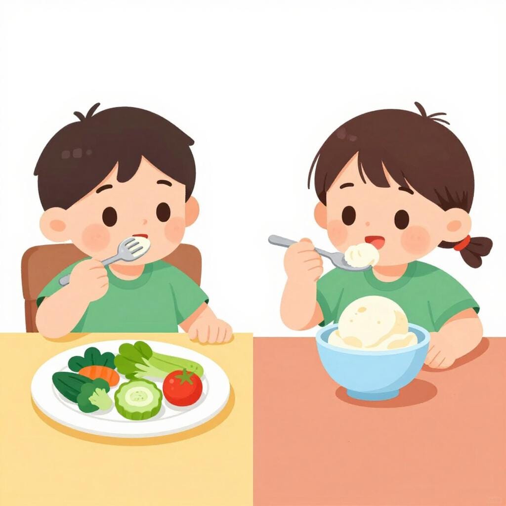 A child eating a main meal and then happily eating a bowl of ice cream.