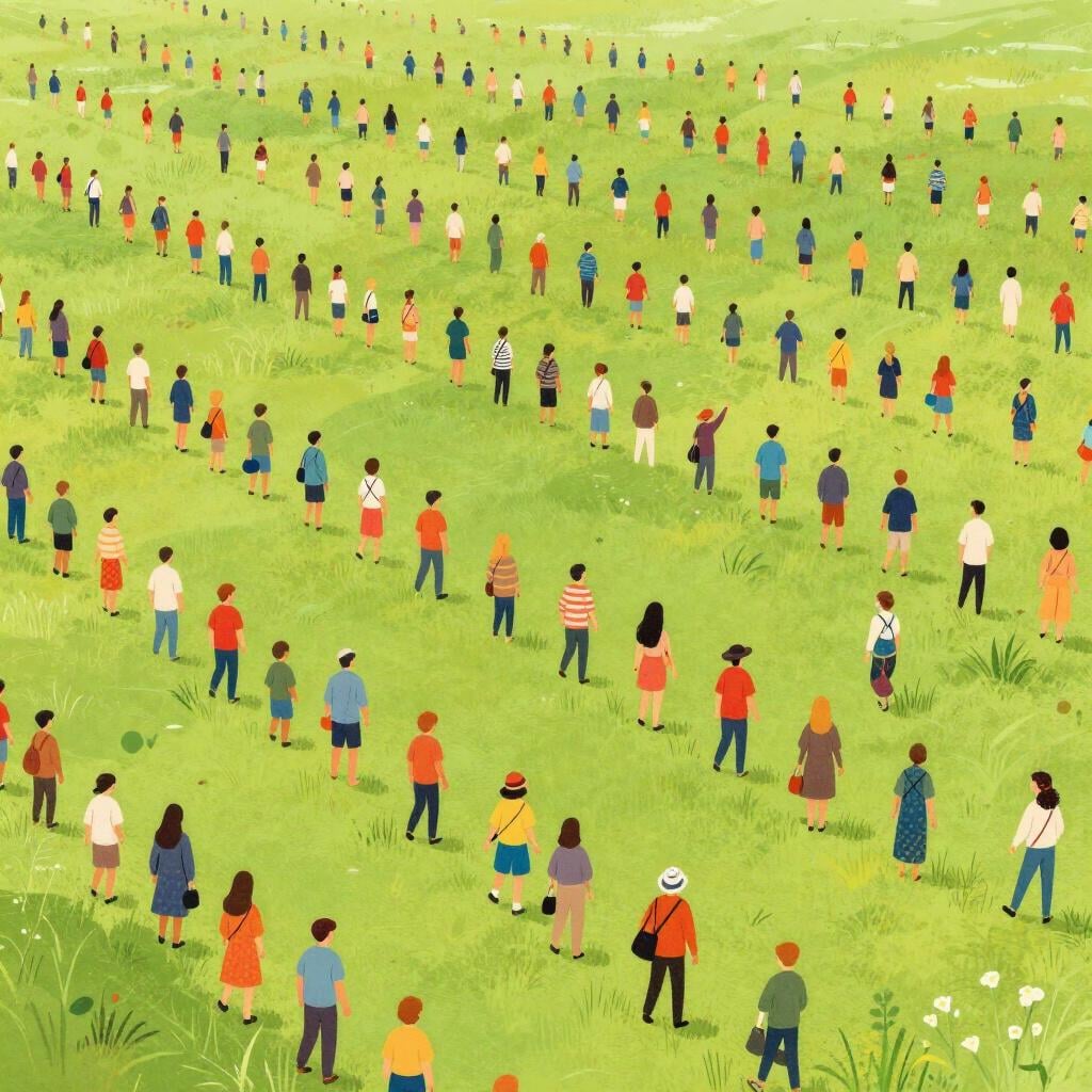 Uma multidão enorme de pessoas diversas reunidas em um grande campo aberto.