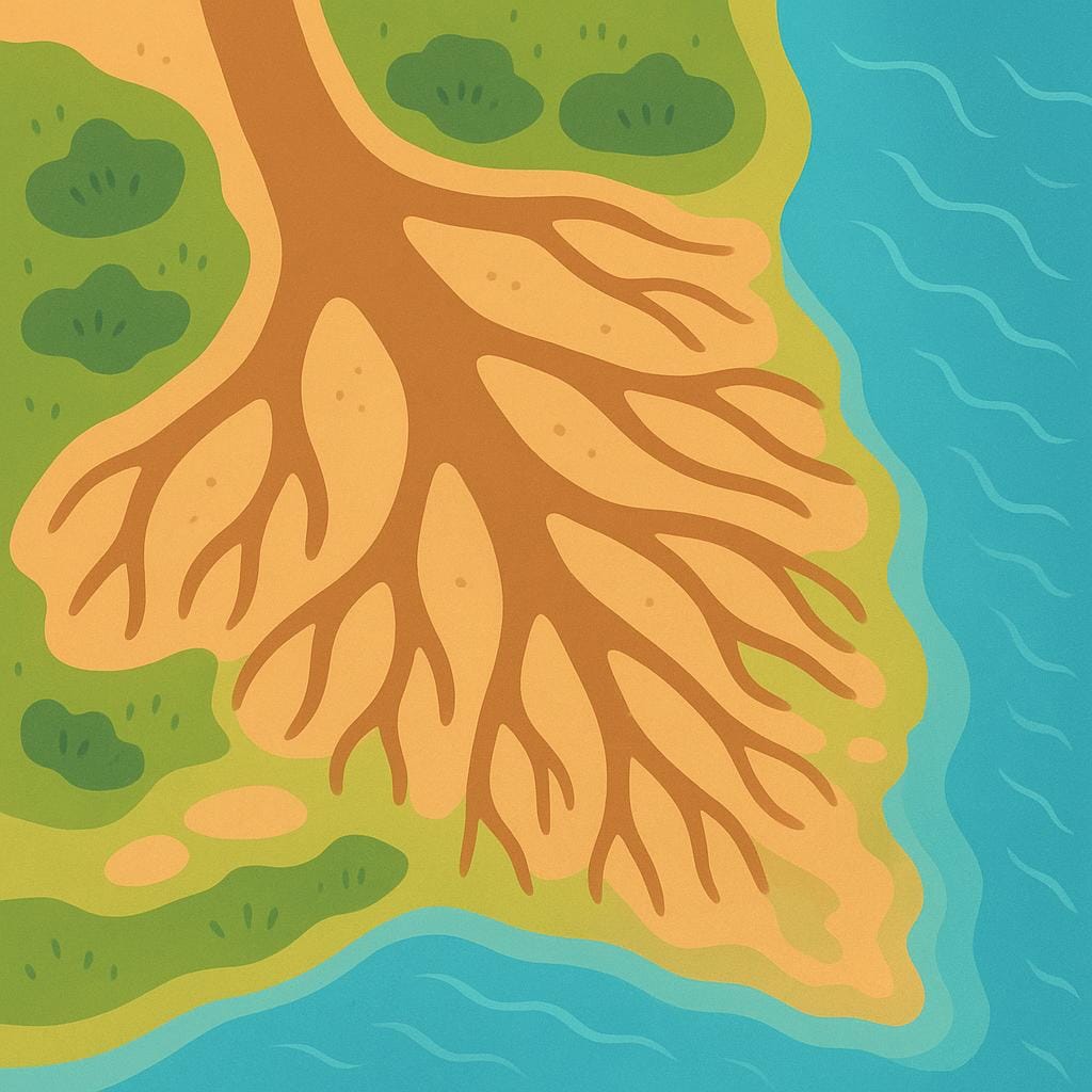 An aerial view of a large, muddy river splitting into multiple channels as it flows into the blue sea, forming a distinct, triangular, marshy landmass known as a delta.