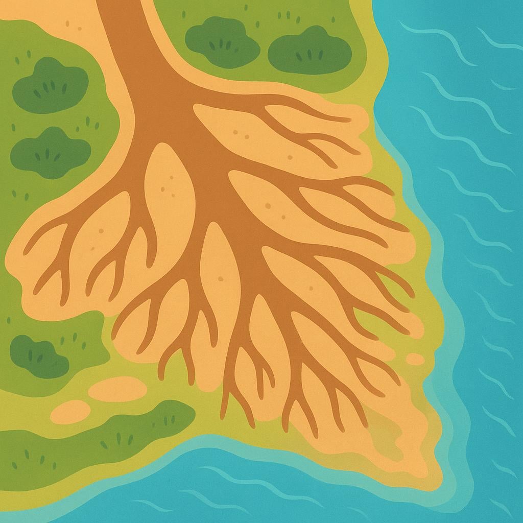 An aerial view of a large, muddy river splitting into multiple channels as it flows into the blue sea, forming a distinct, triangular, marshy landmass known as a delta.