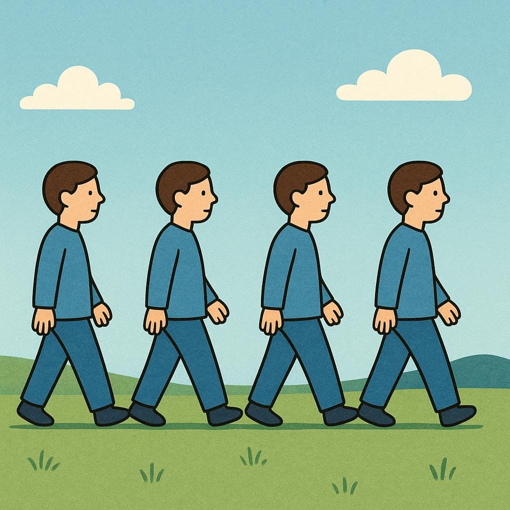 Four identical, simply dressed people walking in a perfect single-file line across a flat, plain landscape, all looking straight ahead with identical, blank expressions.
